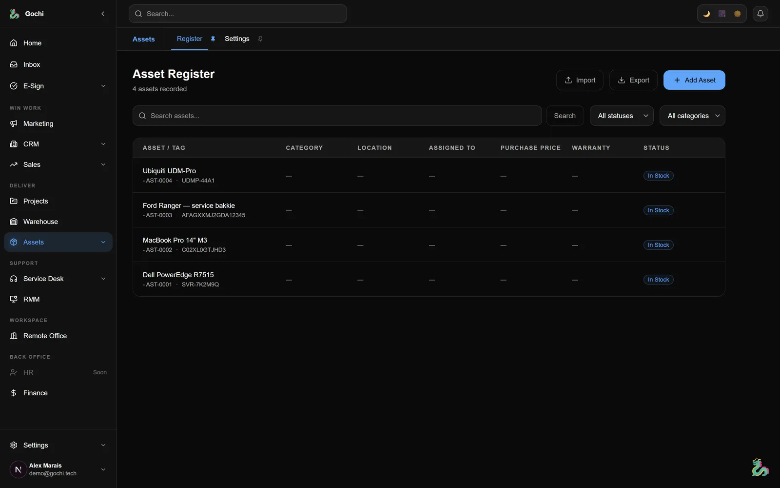 Assets inside Gochi — real screenshot