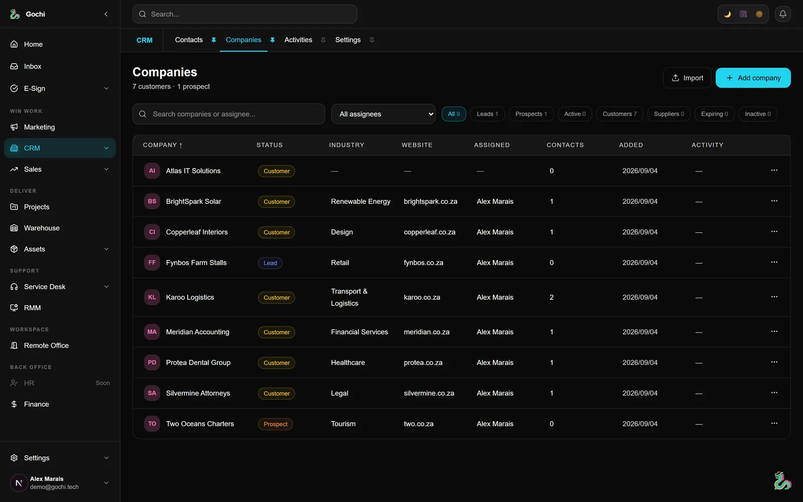 CRM inside Gochi — real screenshot