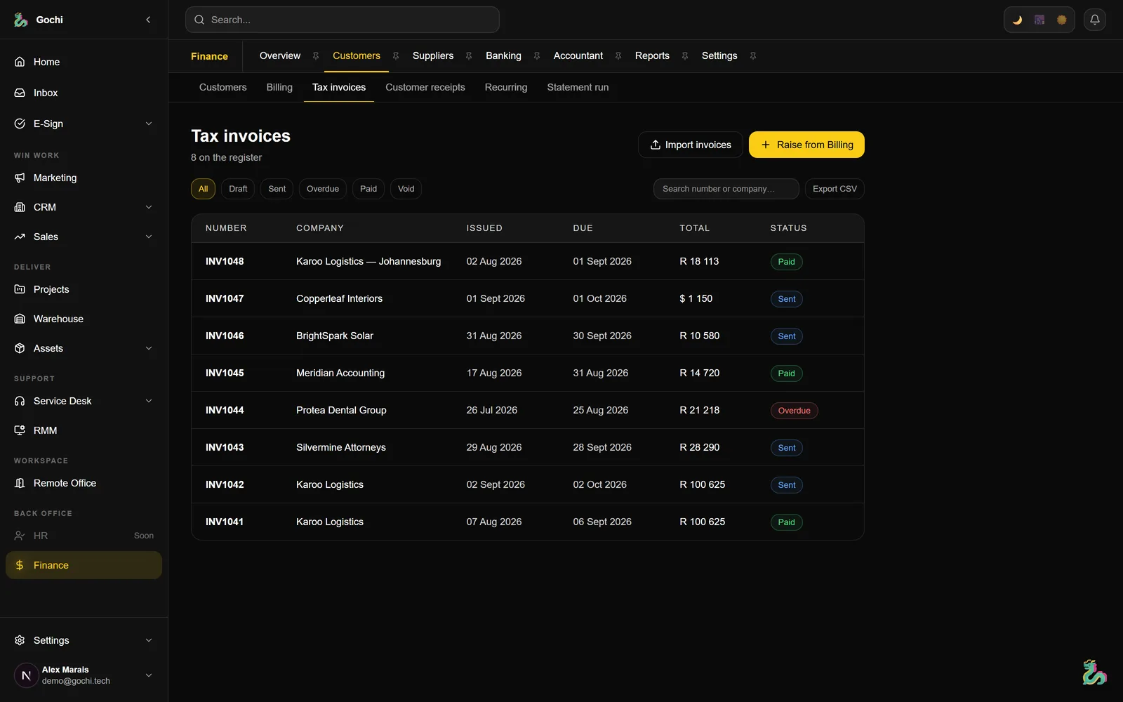 Finance inside Gochi — real screenshot