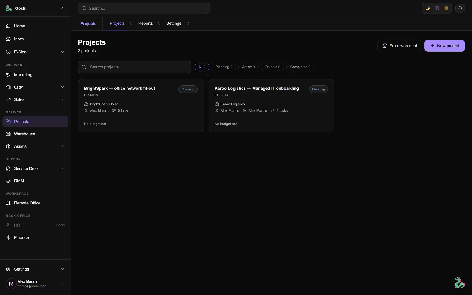 Projects inside Gochi — real screenshot
