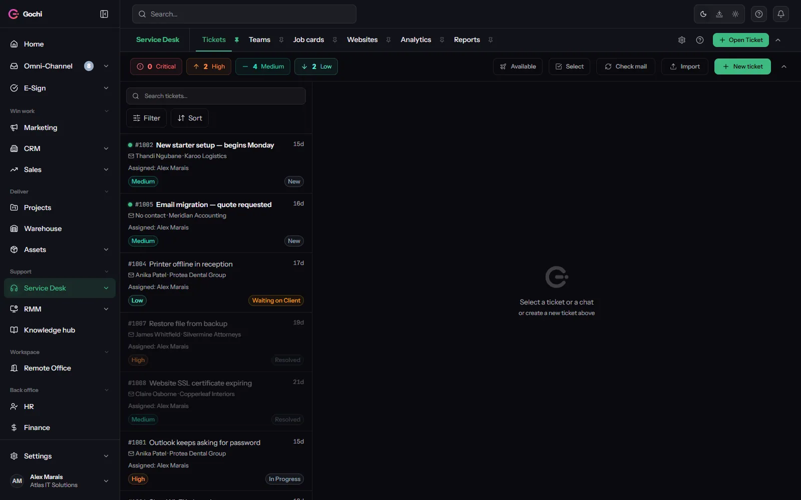 Gochi Service Desk — real screenshot with demo data
