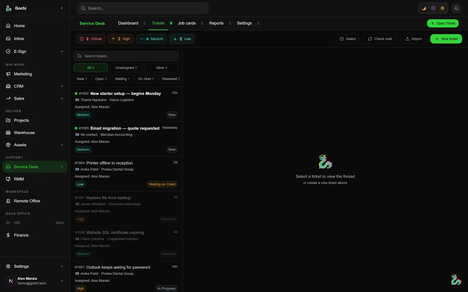 Service Desk inside Gochi — real screenshot